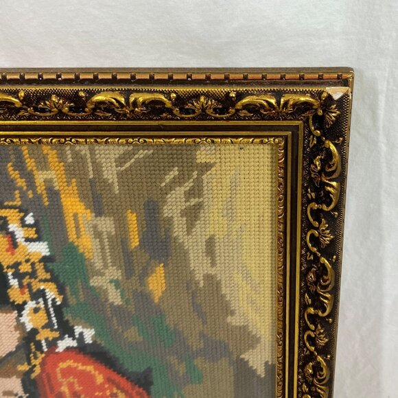 Vintage Needlepoint Gypsy Woman Ornate Gold Frame MCM 70s Picture - Picture 5 of 7